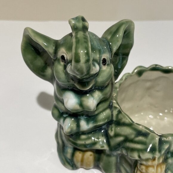 VTG Majolica Style Elephant Planter Bamboo Succulent Trunk Up Good Luck Green - Picture 2 of 11
